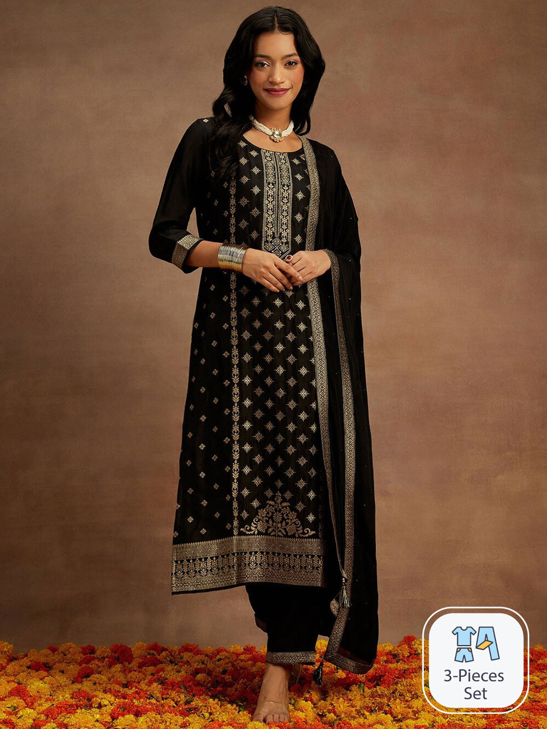 Women Black Kurta with Trousers & Dupatta main image 1