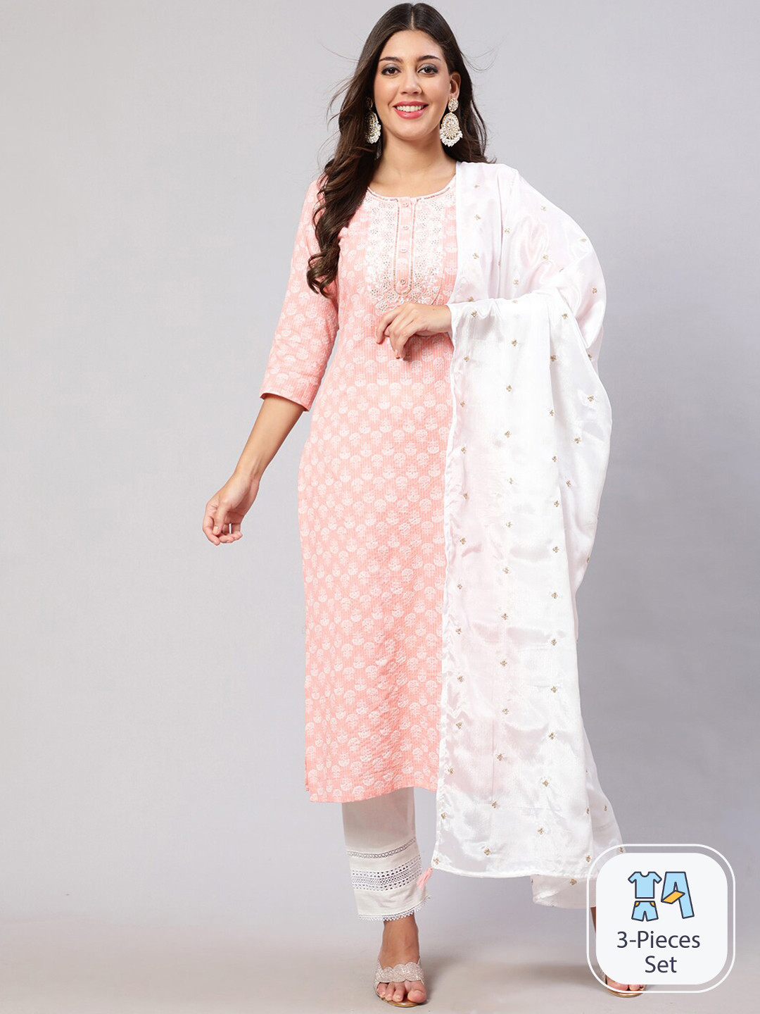 Women Pink Rayon Kurta Set With Dupatta Embroidered Work