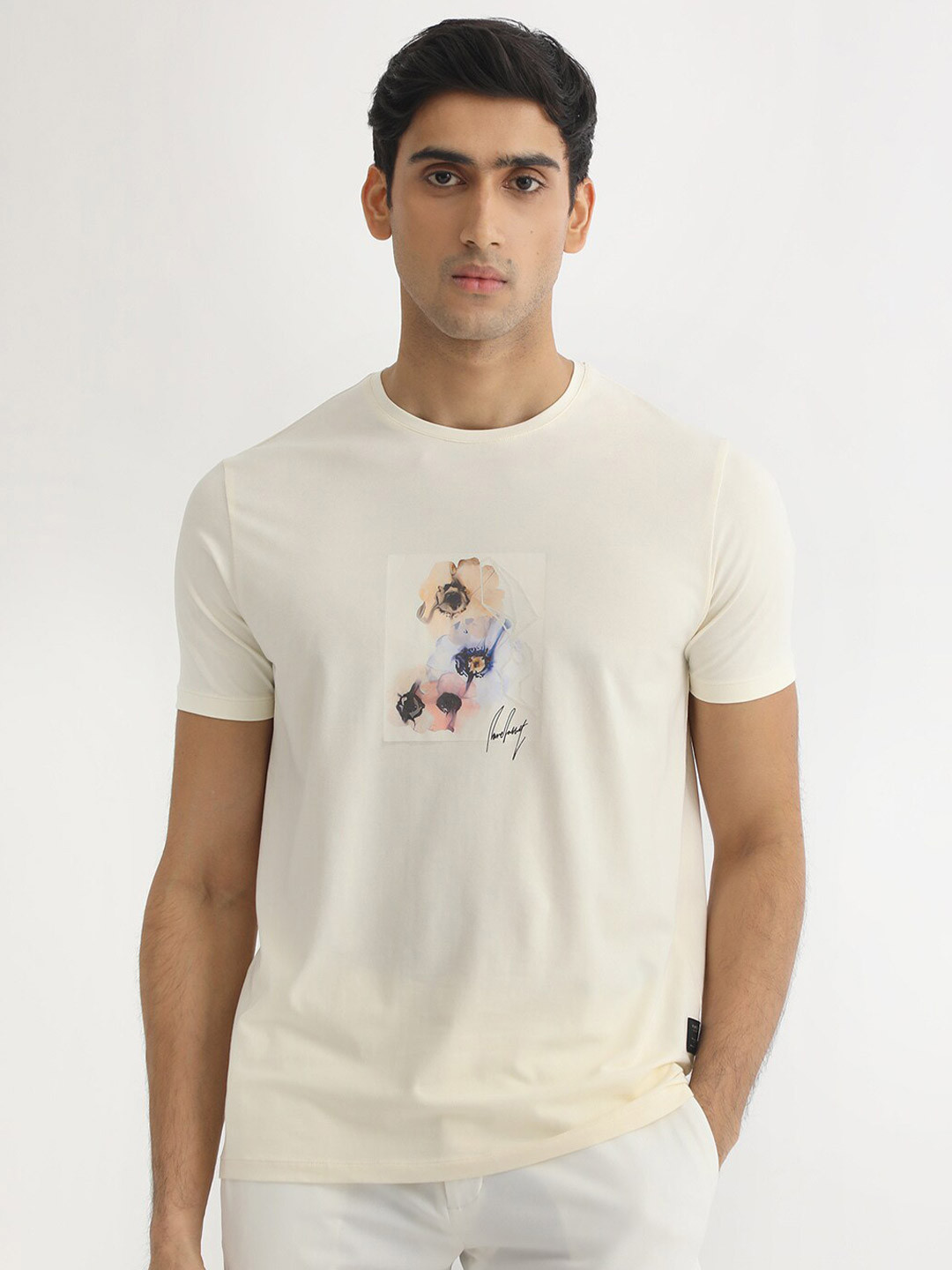 Rare Rabbit Men's Stellar White Mandarin Collar Full Sleeves Self Micro Check Shirt