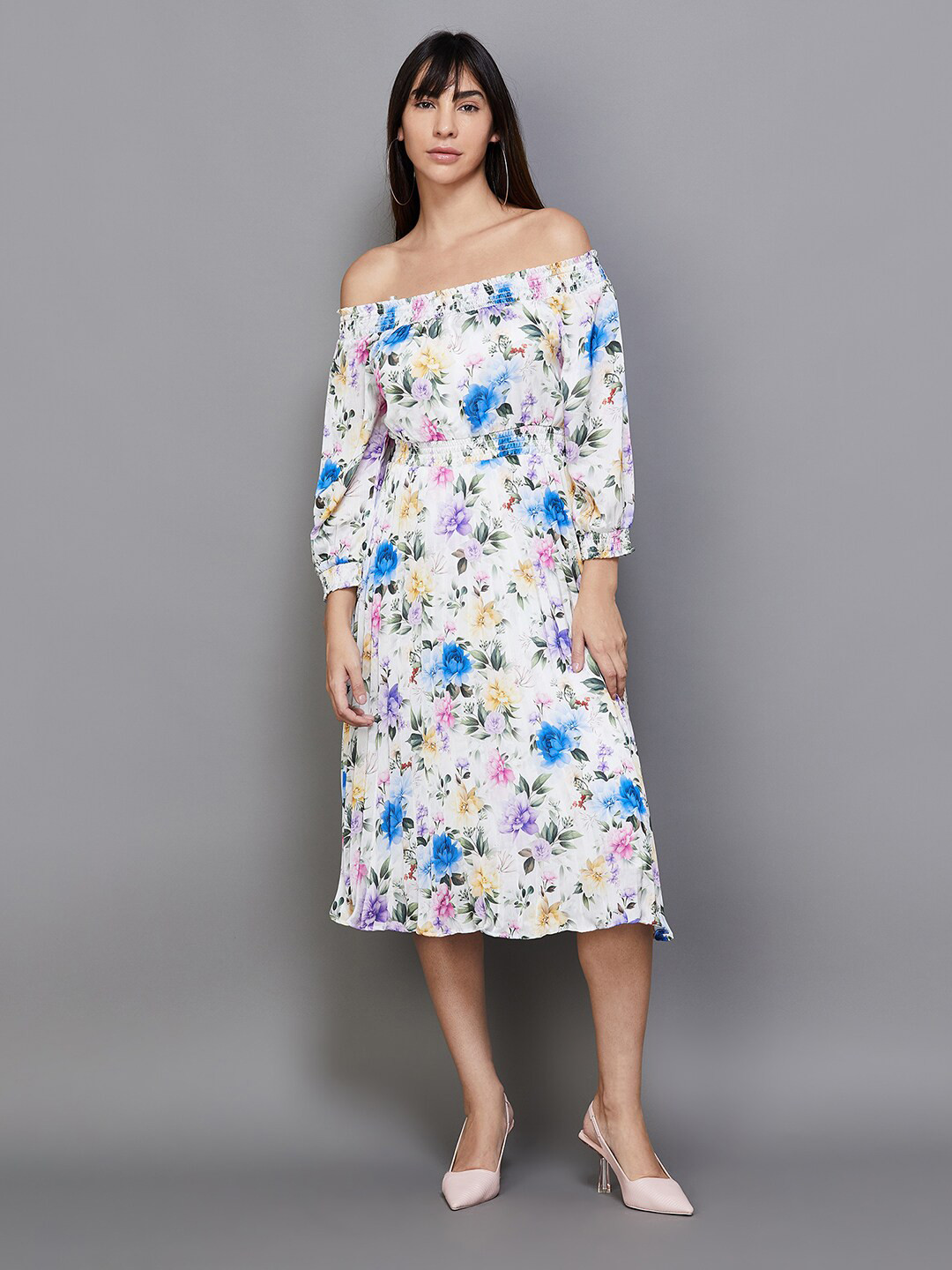 Buy CODE By Lifestyle Floral Print Off Shoulder Puff Sleeves Fit ...