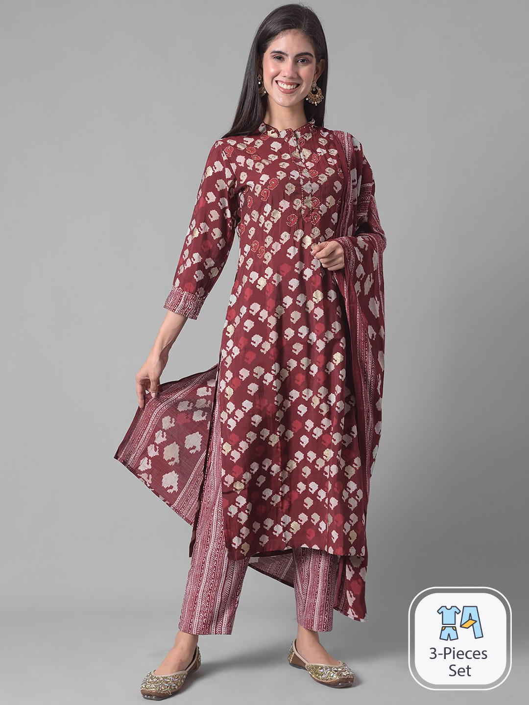 Women's Geometric Pink Mandarin Collar Kurta Set with Dupatta