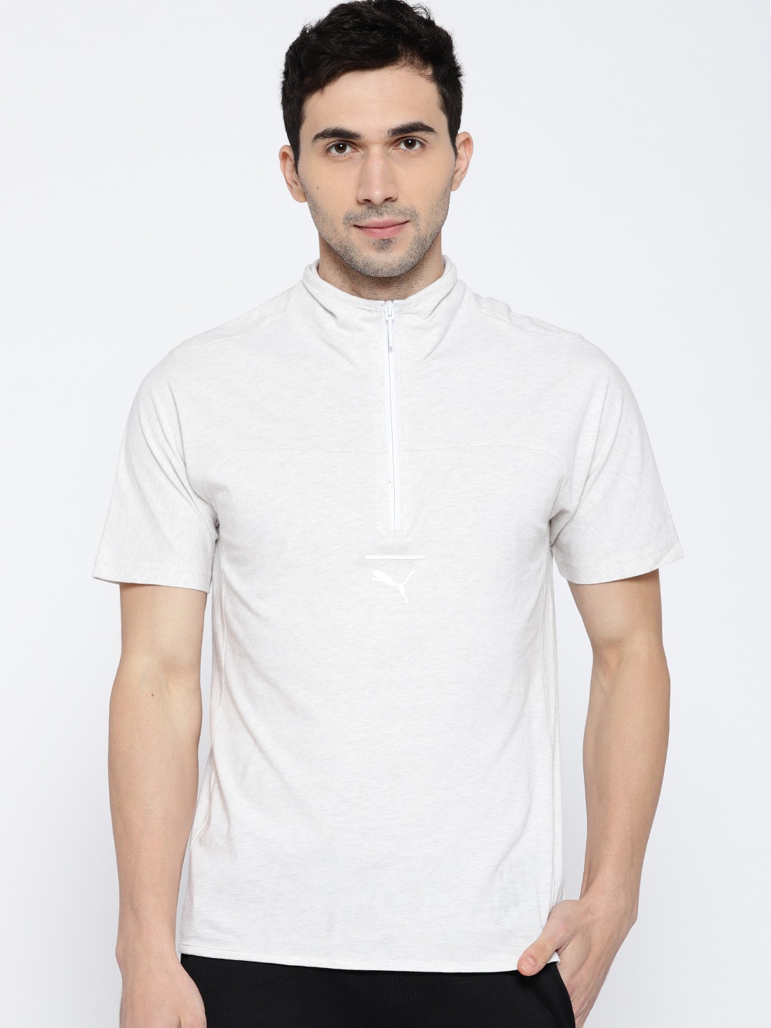 Buy Puma Men Off White Pace Primary Collar Zip Pure Cotton T Shirt Tshirts for Men 2445661