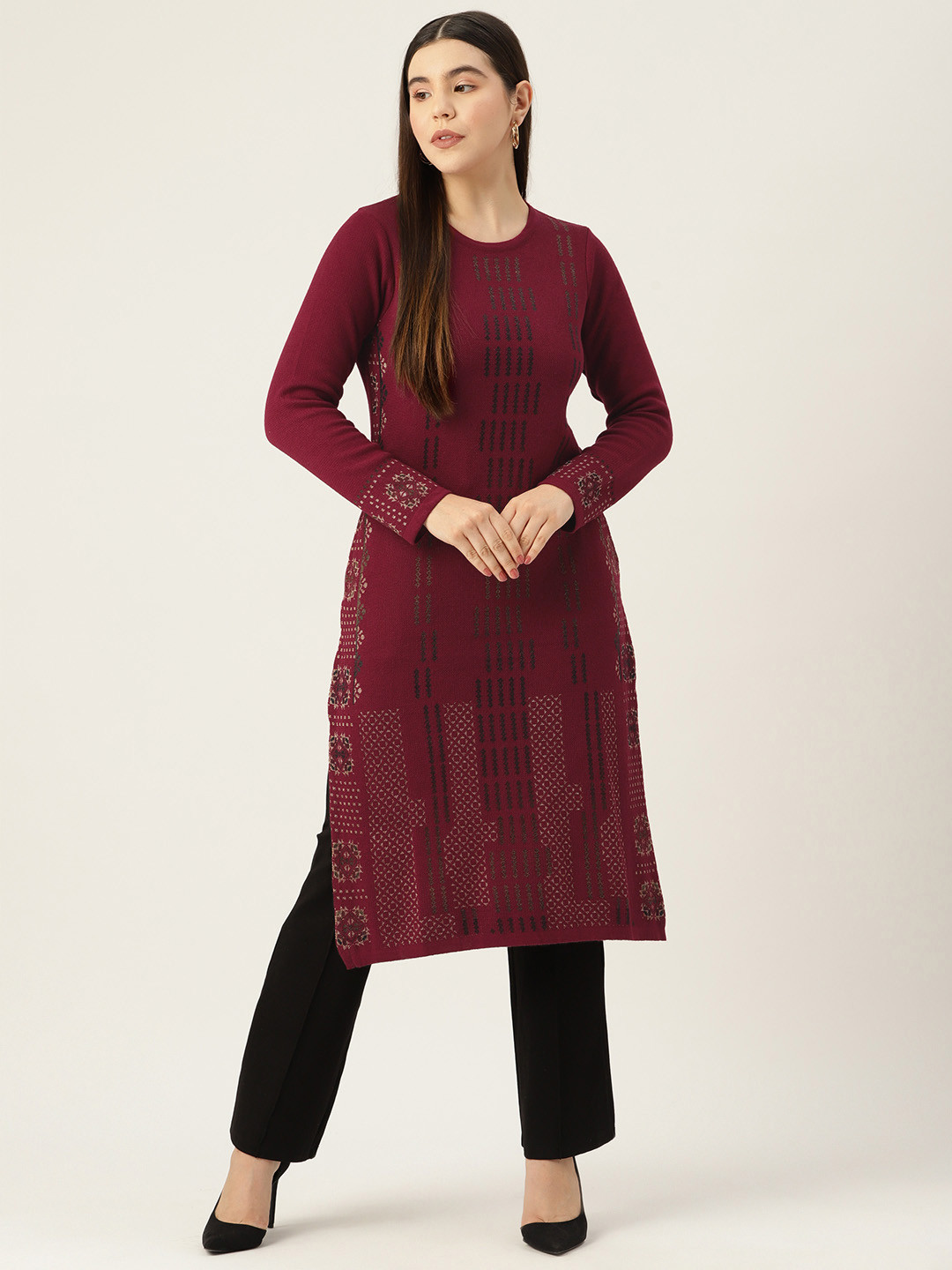 Winter Women Acrylic Jacquard Black Woven Kurta Comfort Pant Dupatta