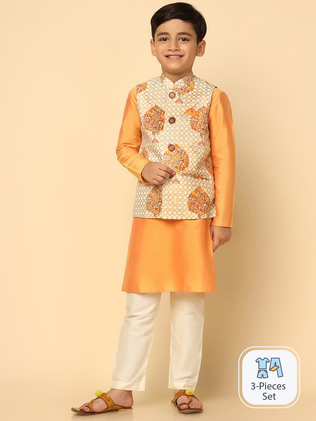 Boys Embroidered Mandarin Collar Mirror Work Kurta With Pyjamas