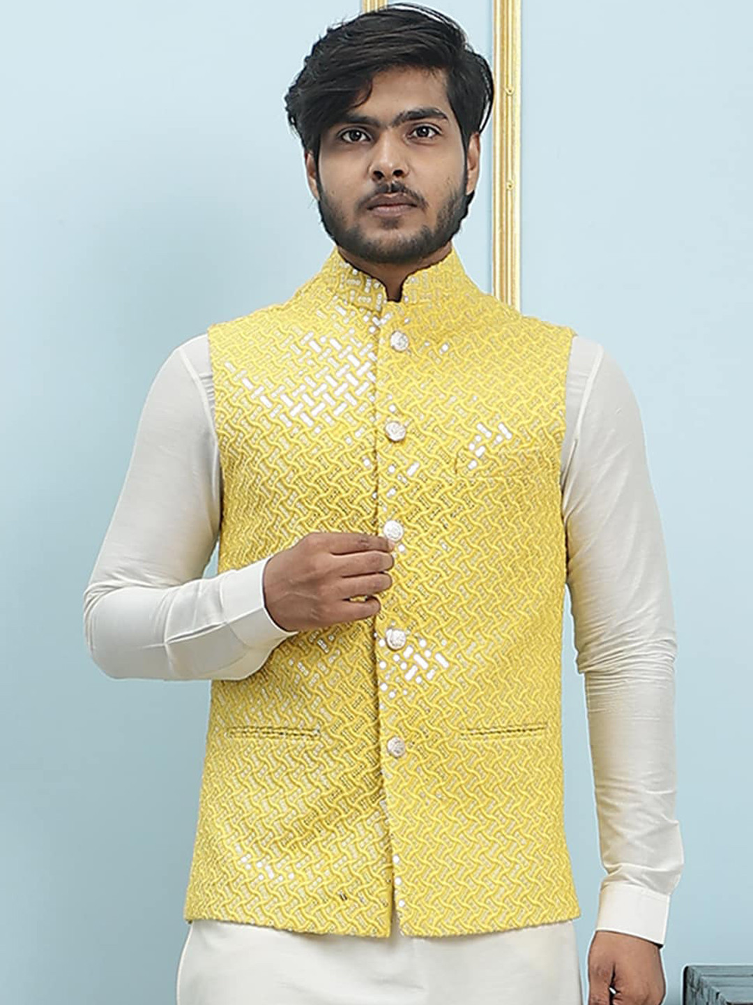 Men'S Sequins Embroidered Rayon Nehru Jacket