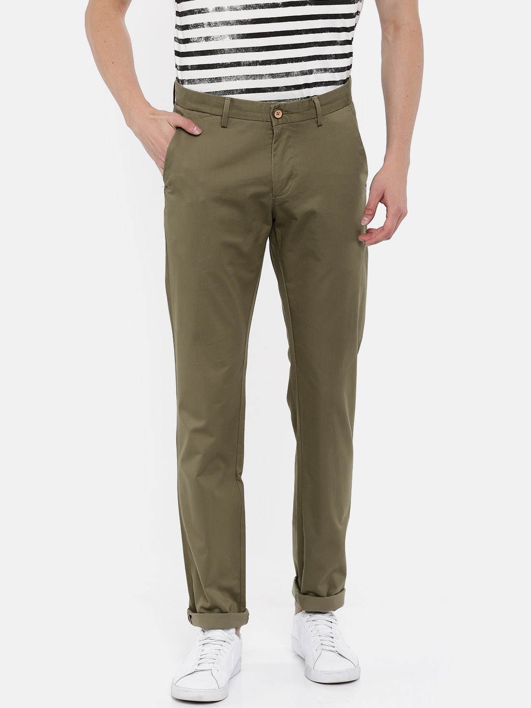 Buy Allen Solly Men Khaki Smart Slim Fit Solid Regular Trousers ...