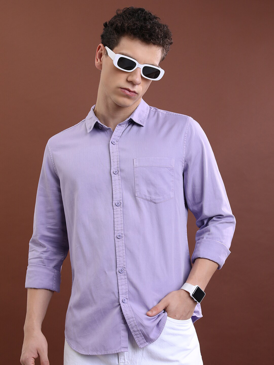 Men's Lavender  60% Cotton 40% POLY Shirt Solid Color Double Collar Design Sleeves main image 0