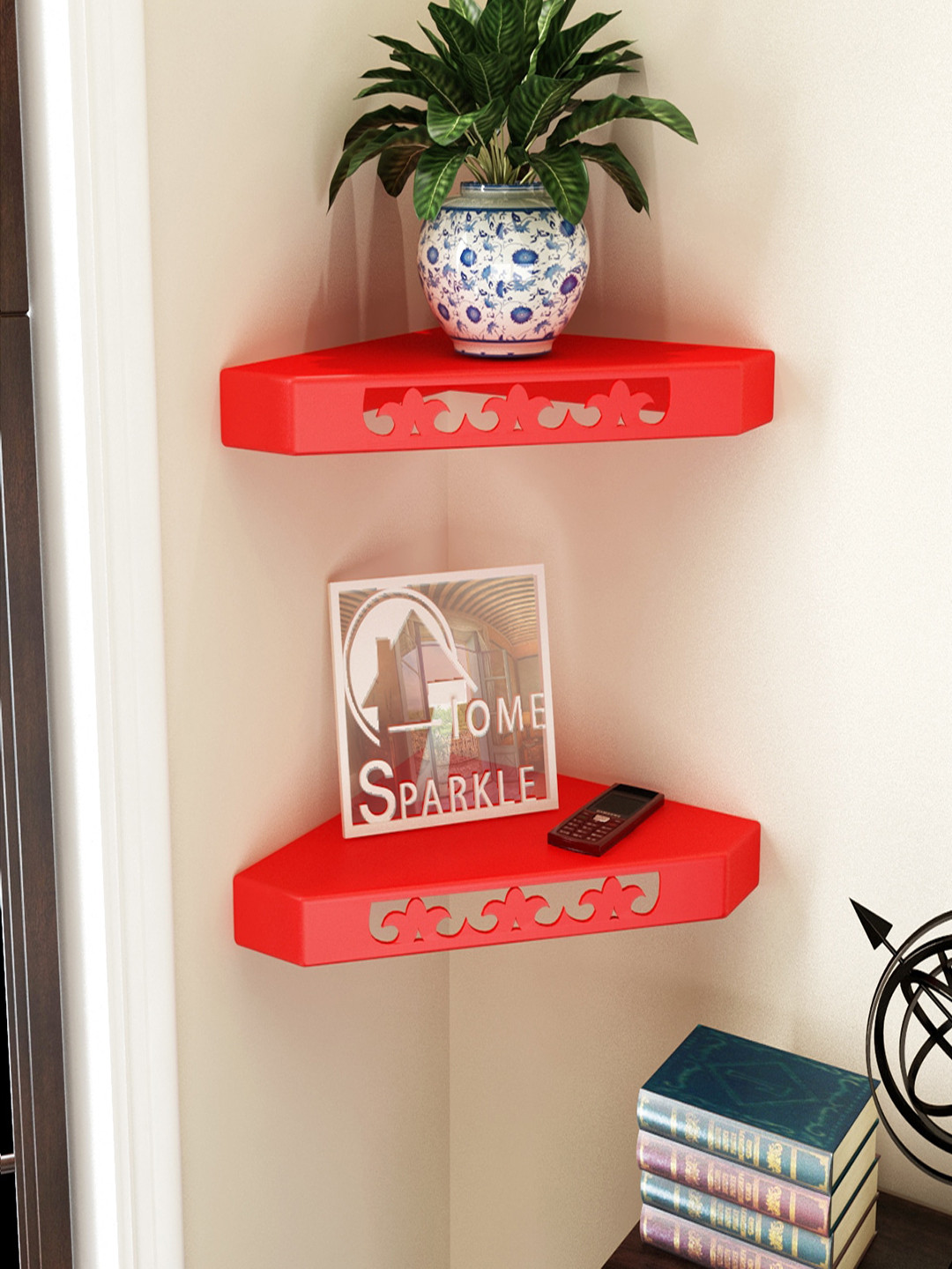 Buy Home Sparkle Red Wood Corner Wall Shelf Wall Shelves for Unisex