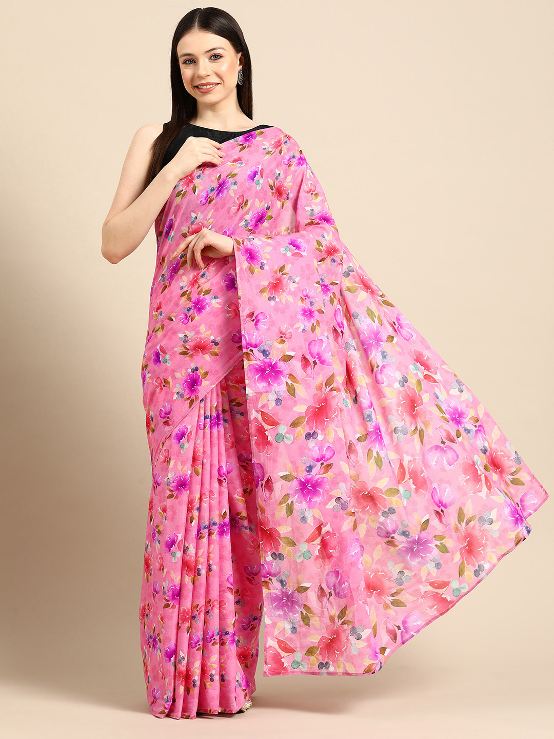 Buta Buti Botanical Printed Cotton Saree With Tassels Embellishment main image 0
