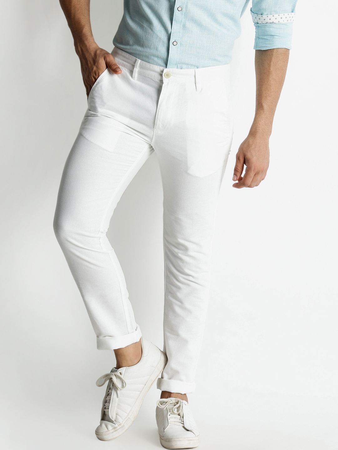 Buy Spiritus By Pantaloons Men White Slim Fit Solid Regular Trousers ...