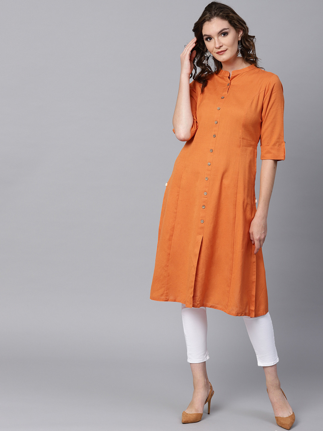 Orange Printed Festive A-Line Kurta main image 1