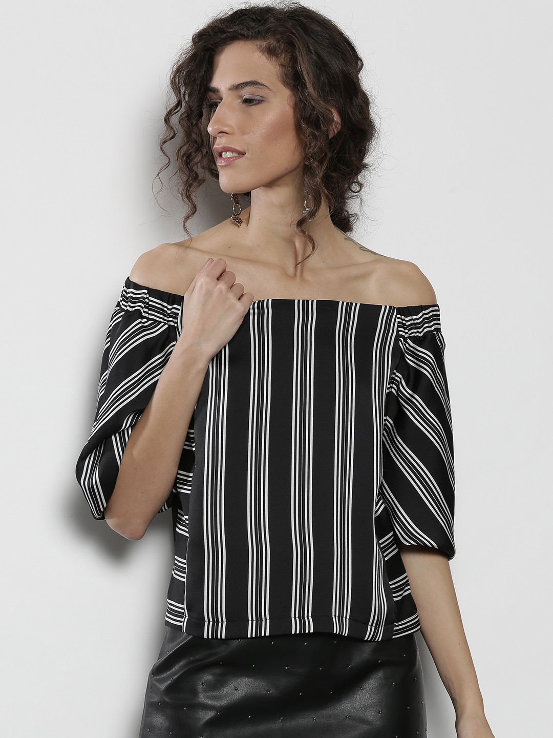 Buy DOROTHY PERKINS Women Black & White Striped Bardot Top Tops for