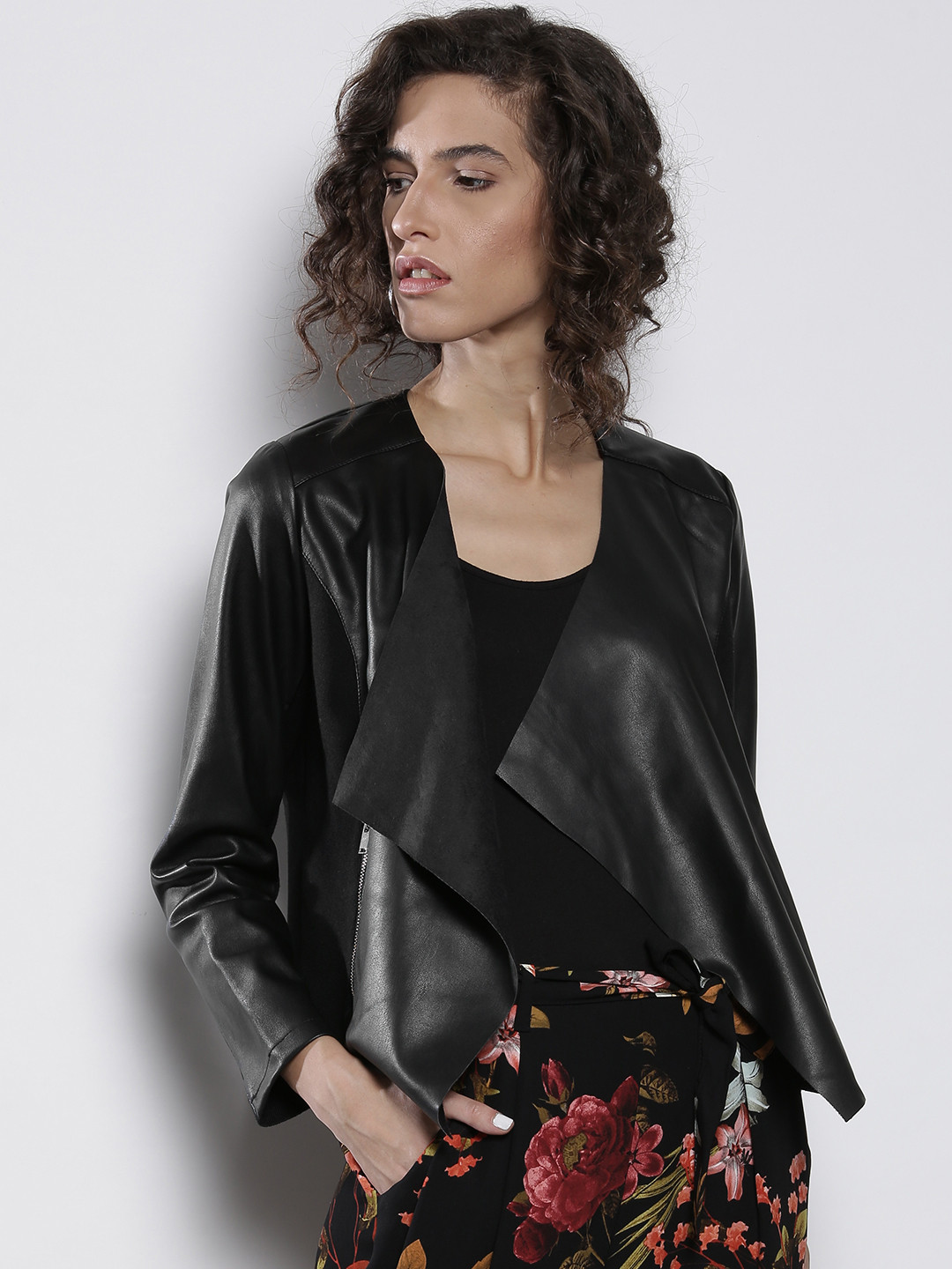 Buy DOROTHY PERKINS Women Black Faux Leather Solid Open Front Jacket