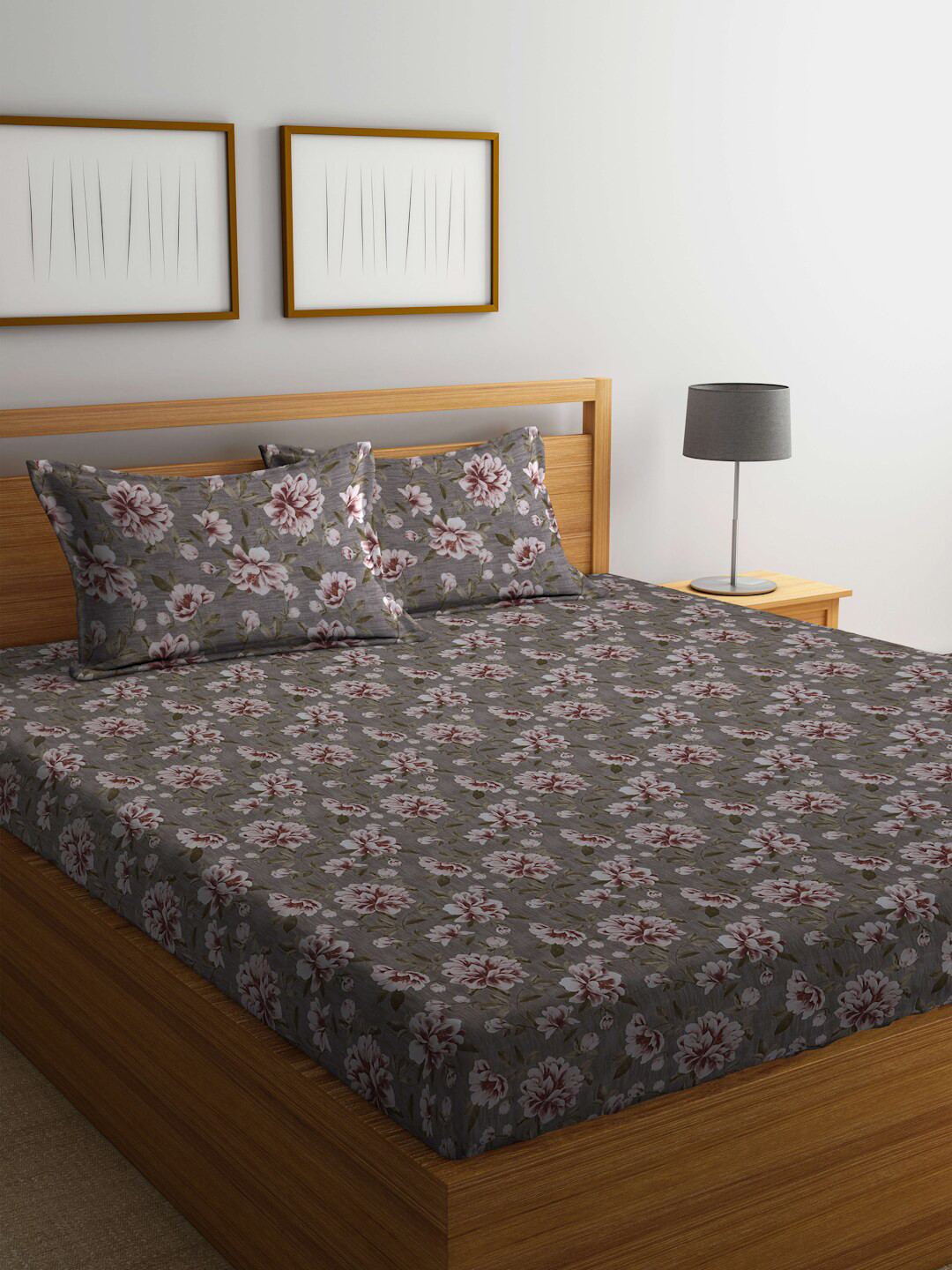 Buy BOMBAY DYEING Epigram Grey & Maroon Floral Cotton 120 TC King