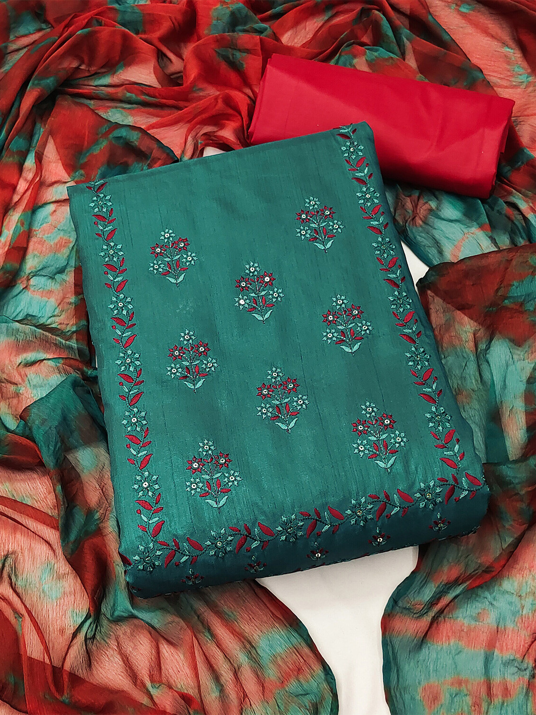 Buy MANVAA Ethnic Motifs Embroidered Sequinned Pure Silk Unstitched