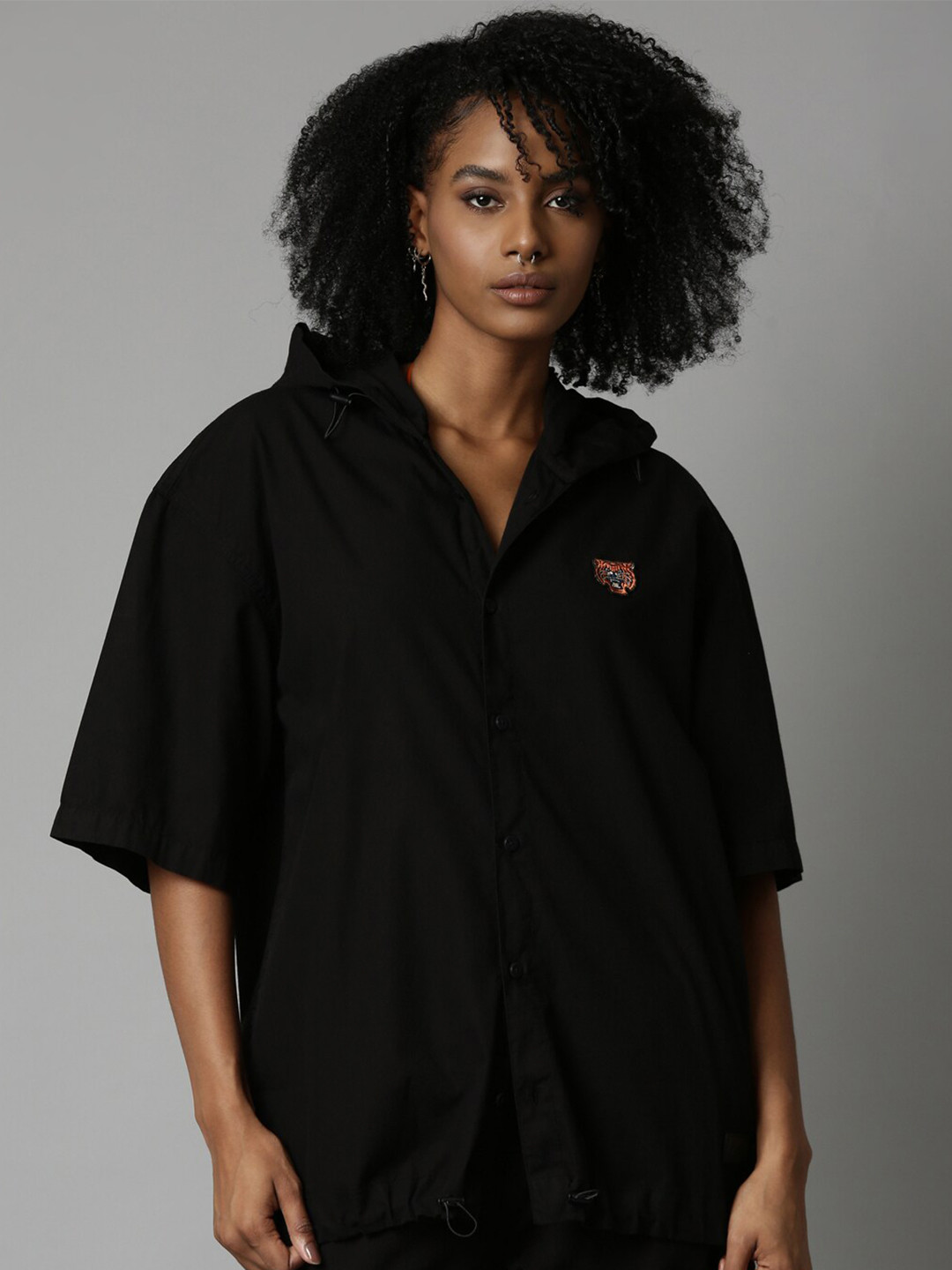 BOMBOM Textured Button Down Drawstring Hooded Shacket