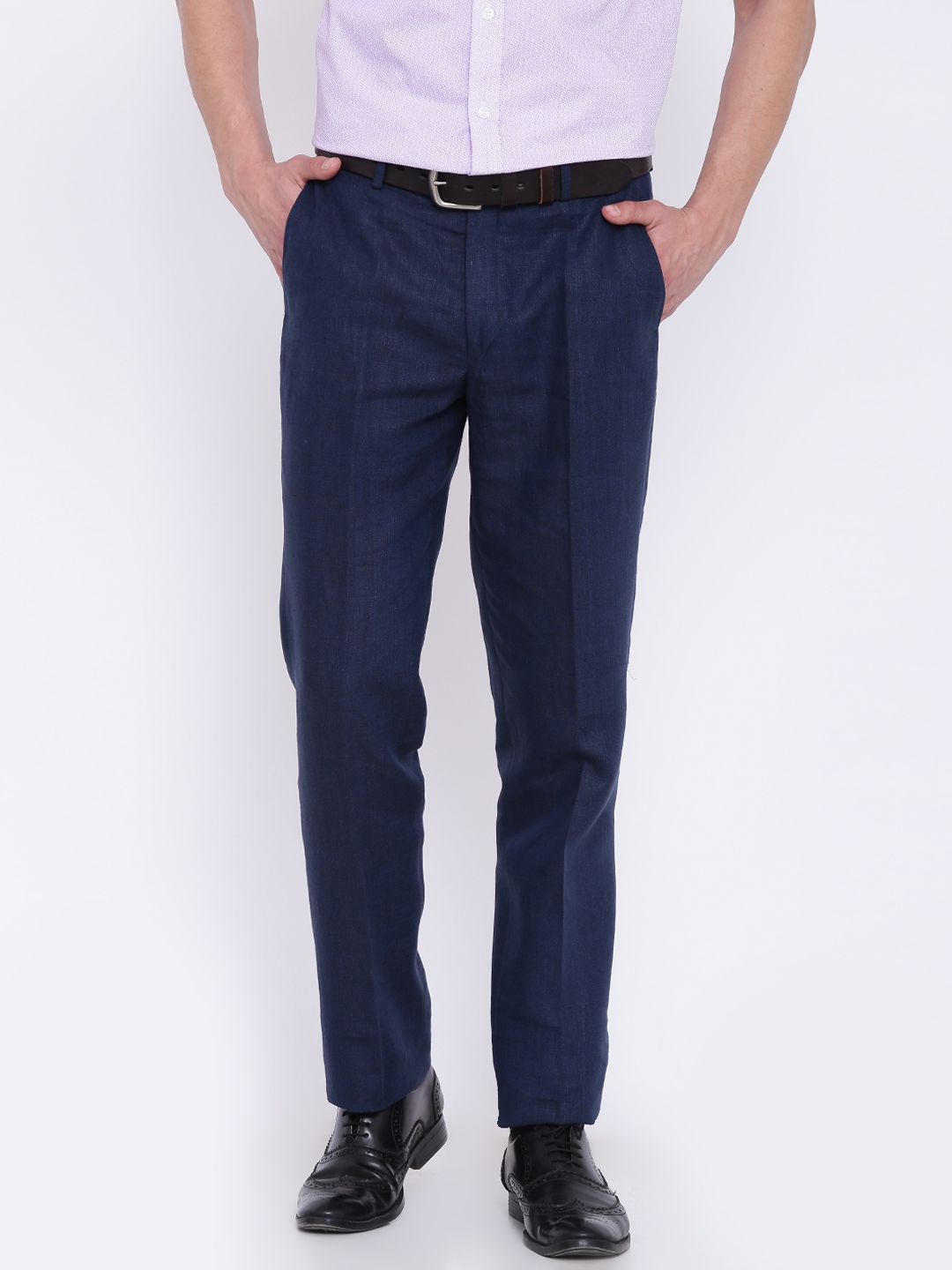 Buy Wills Lifestyle Men Navy Linen Slim Fit Solid Semiformal Trousers ...