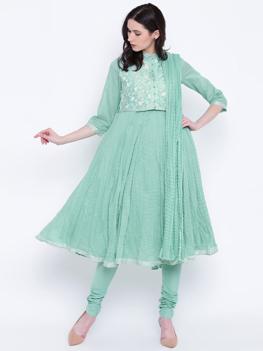 Buy Biba Women Green Kurta Set With Ethnic Jacket Kurta Sets for