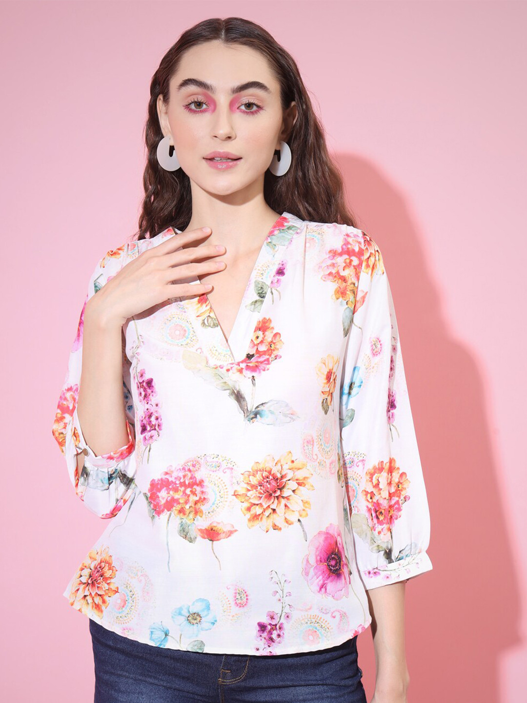 Women Off White & Pink Wrap Floral Printed V-Neck Top