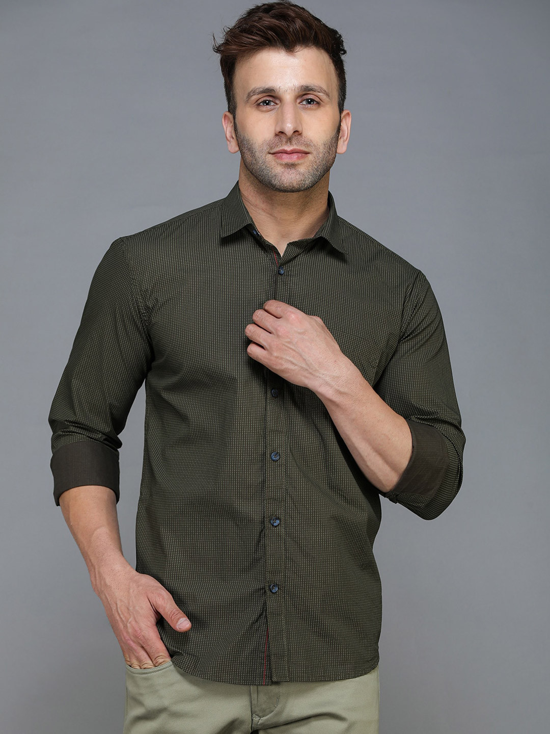 Men's Teal Smart Slim Fit Micro Ditsy Printed Cotton Casual Shirt