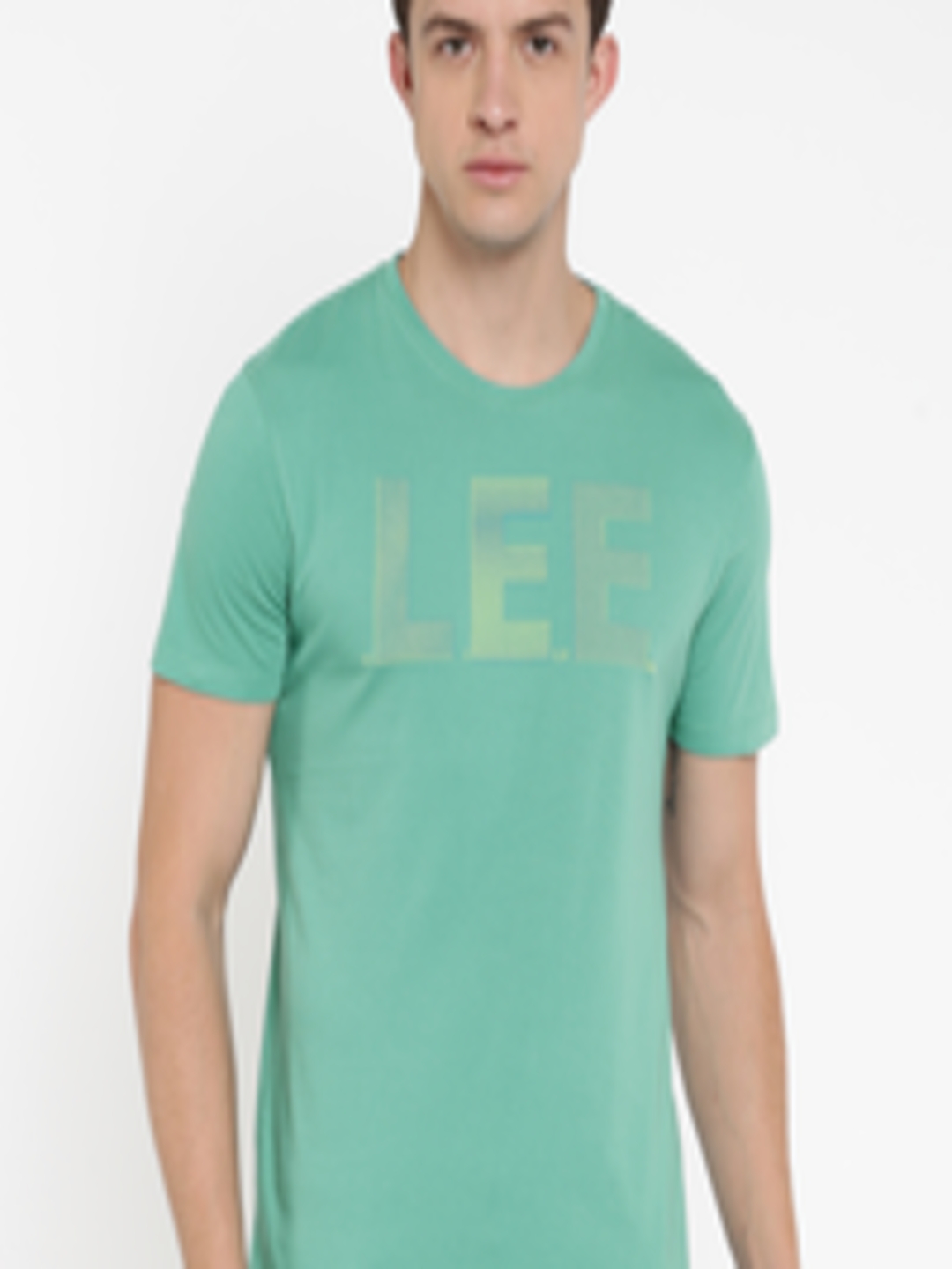 Buy Lee Men Teal Blue Printed Slim Fit Round Neck Pure Cotton T Shirt ...