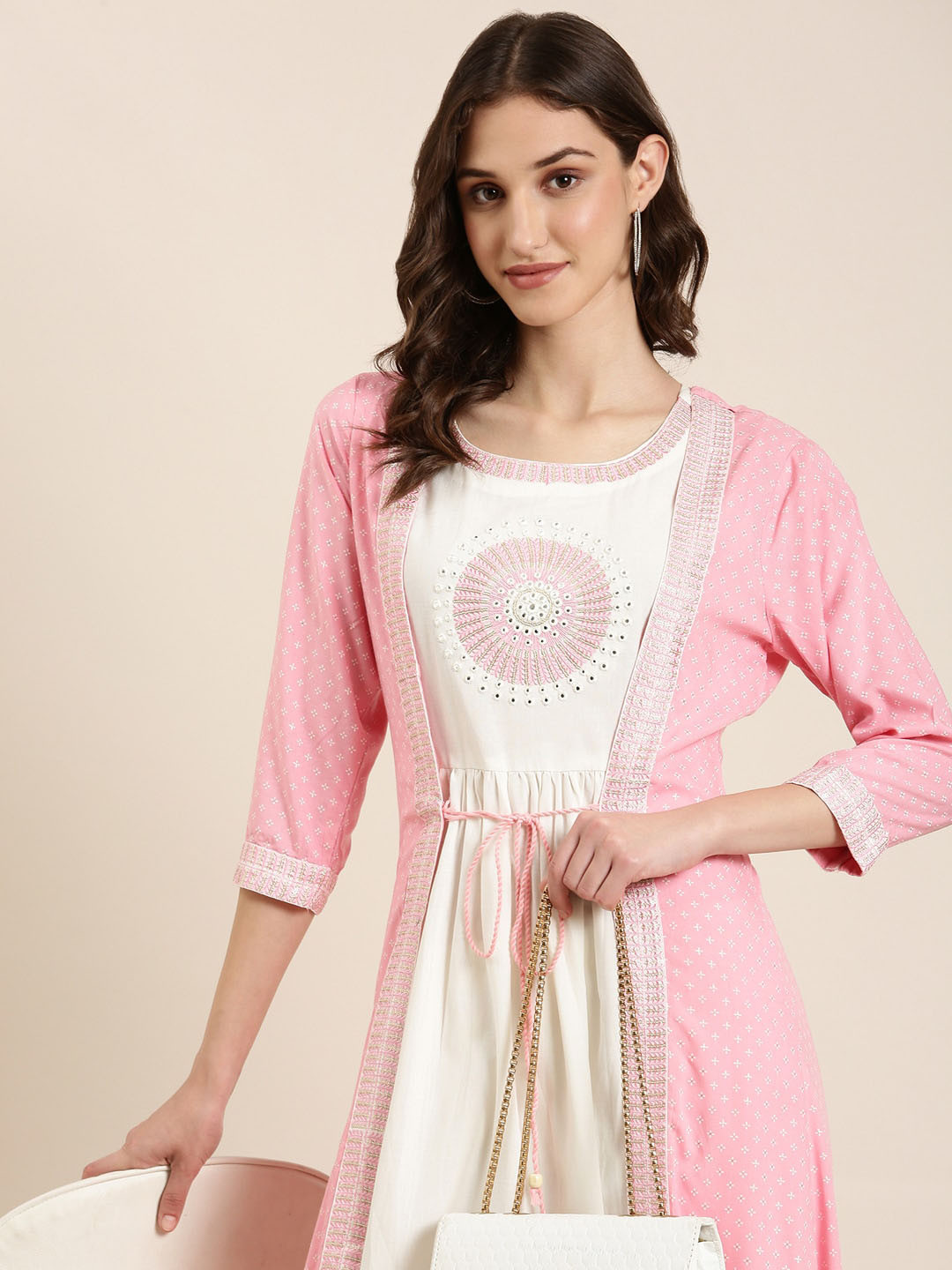 Women Rust Mirror Embroidered Anarkali Kurta