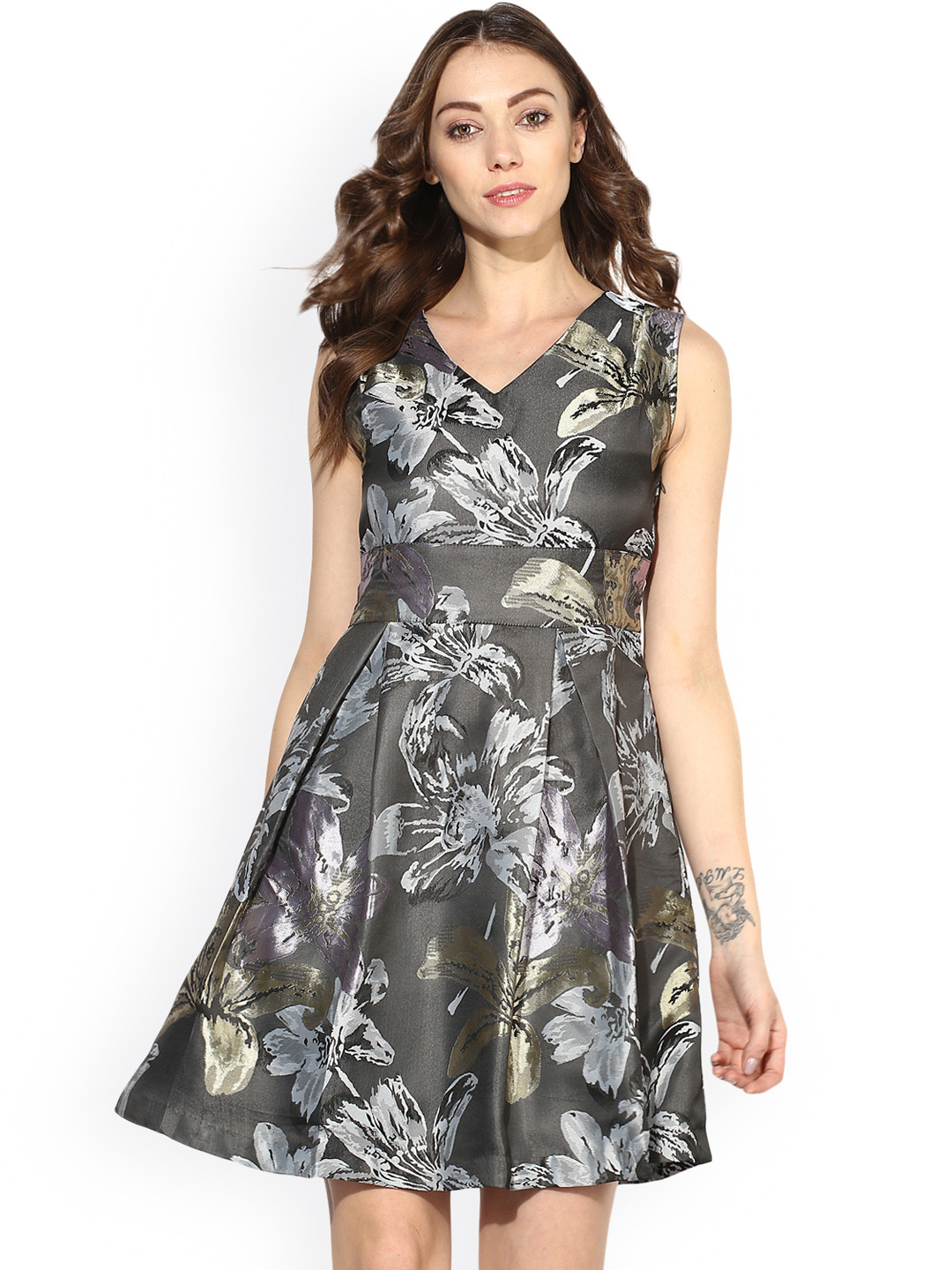 Buy Soie Women Grey Self Design Drop Waist Dress Dresses for Women