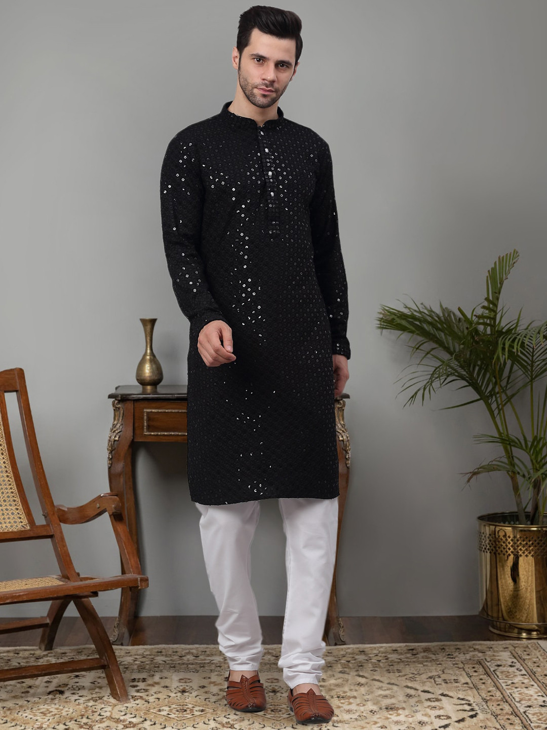 Men Golden Embroidered Sequinned Kurta With Churidar