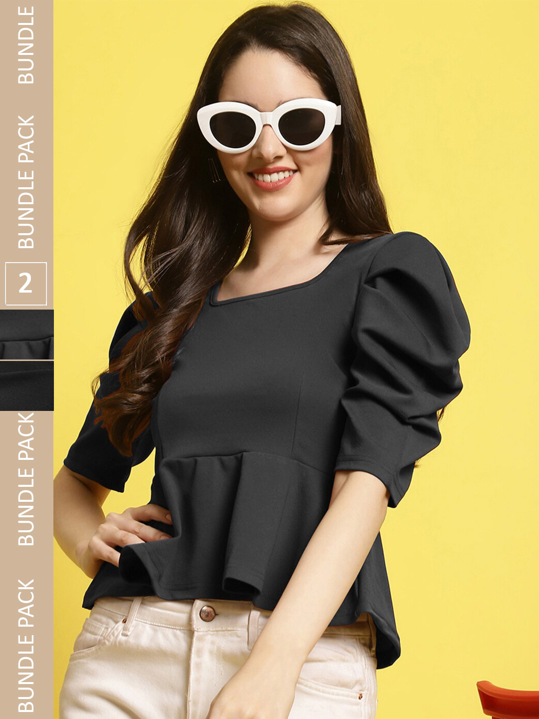 V-Neck Puff Sleeve Peplum Top main image 0