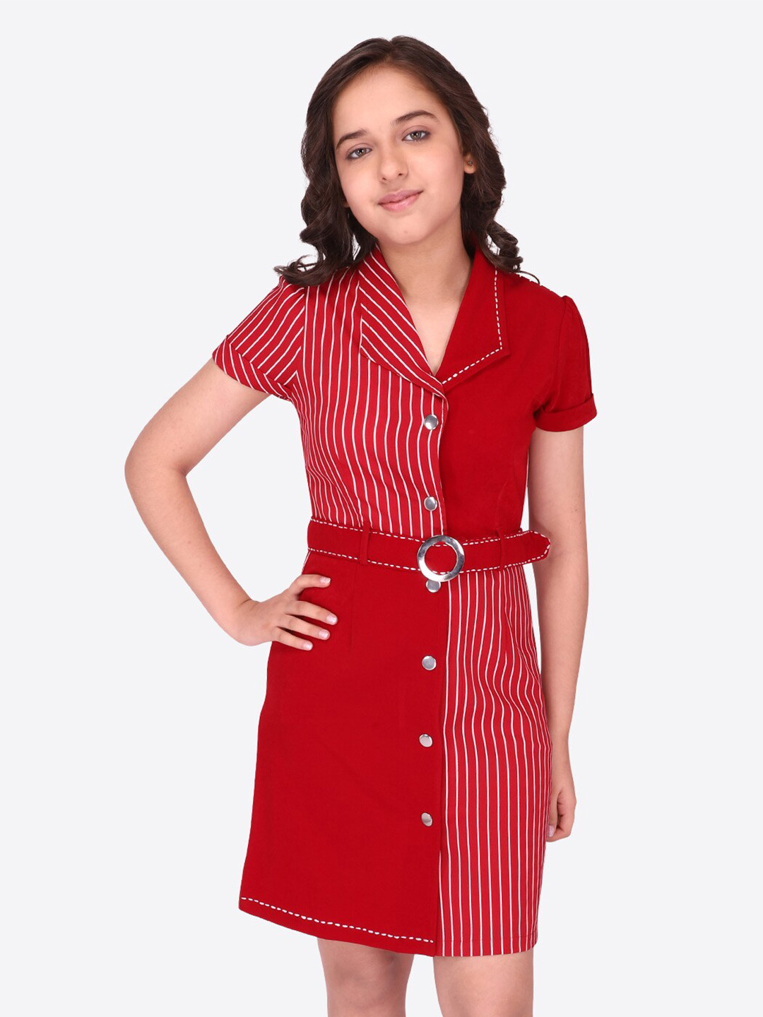 Girls Striped Floral Printed Cotton Dress with Waist Flower Belt