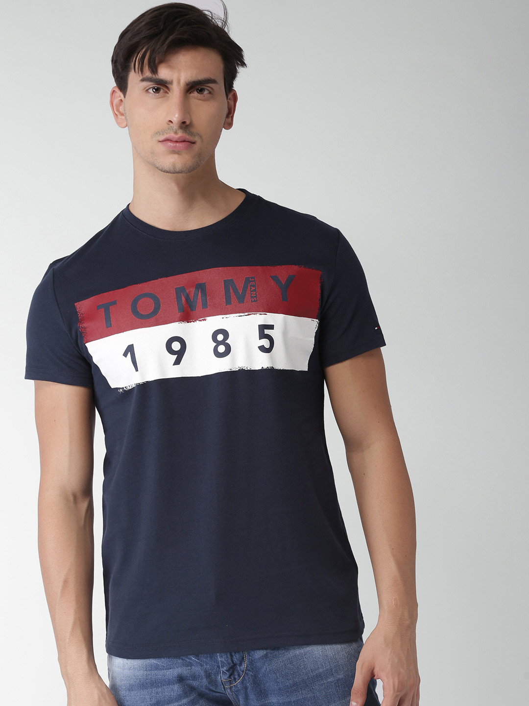 Buy Tommy Hilfiger Men Navy Printed Round Neck Pure Cotton T Shirt - Tshirts for Men 2456508 