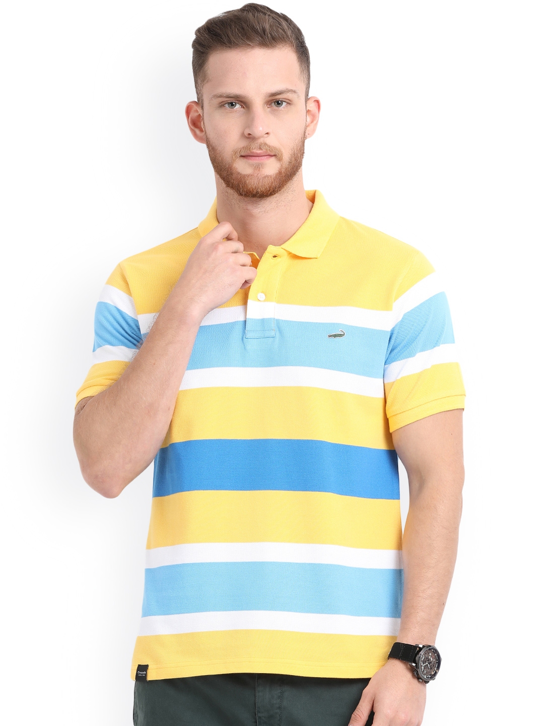 Buy Crocodile Men Yellow & Blue Striped Polo Collar T Shirt - Tshirts ...
