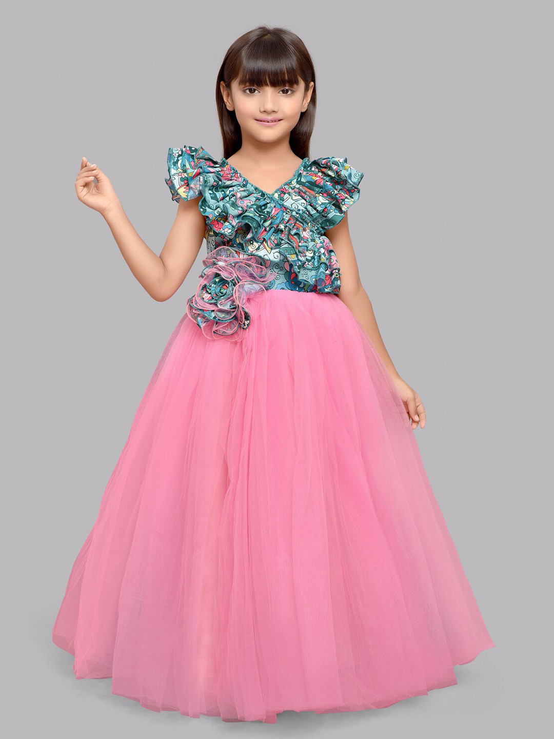 New Pink V Neck Floral Flattering Tulle Girls Maxi Dress Summer YE005