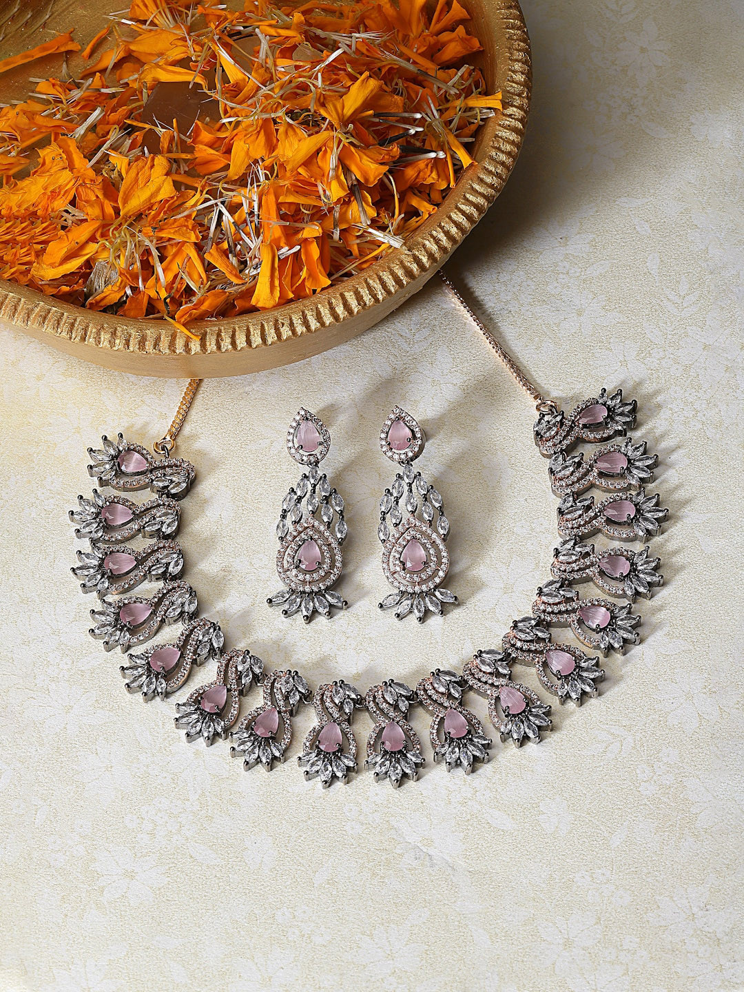 ZENEME Women's Rose Gold-Plated Necklace & Earrings Set With Pink & Black American Diamond Stones
