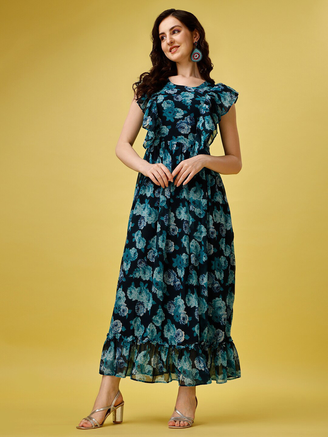 Women Blue Floral Printed Georgette Maxi Dress With Beads Kantha Work & Sequins At Neckline