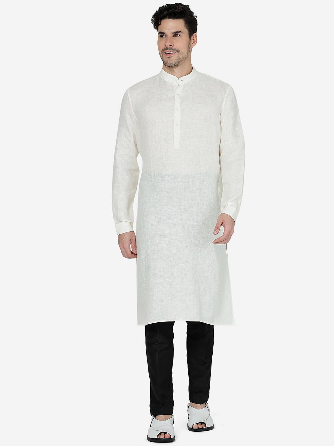 Green Dobby A-line Casual Kurta in Mandarin Collar