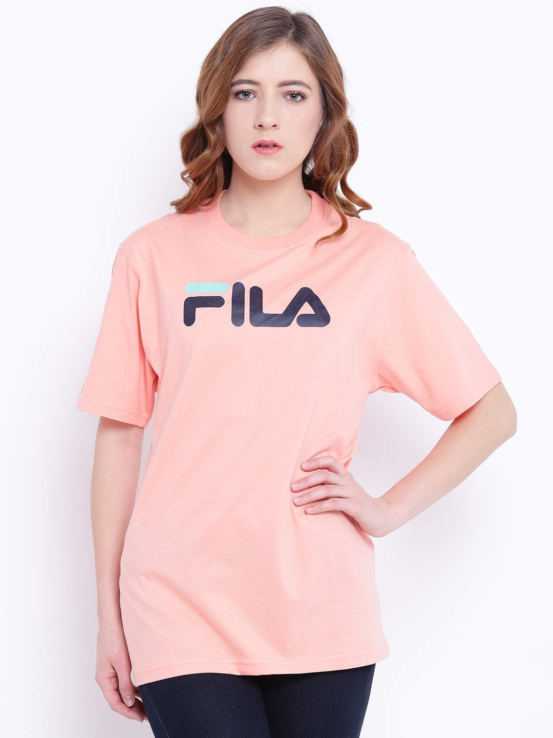 Buy FILA Women Peach Coloured Solid Round Neck T Shirt Tshirts for