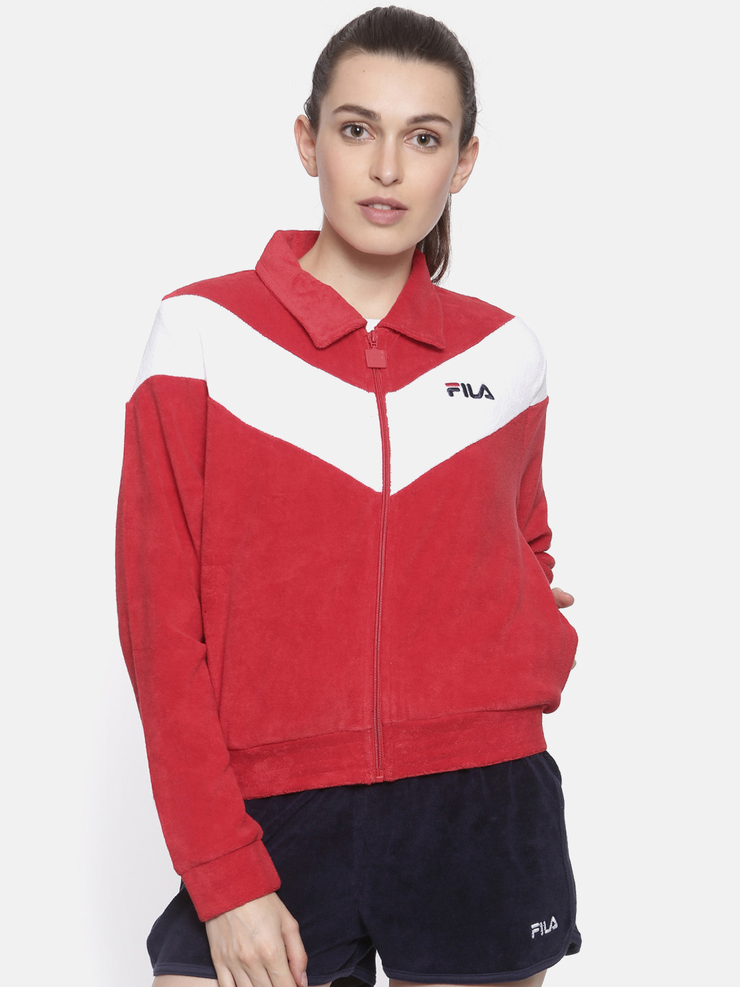 Buy FILA Women Red & White Colourblocked Sporty Jacket Jackets for