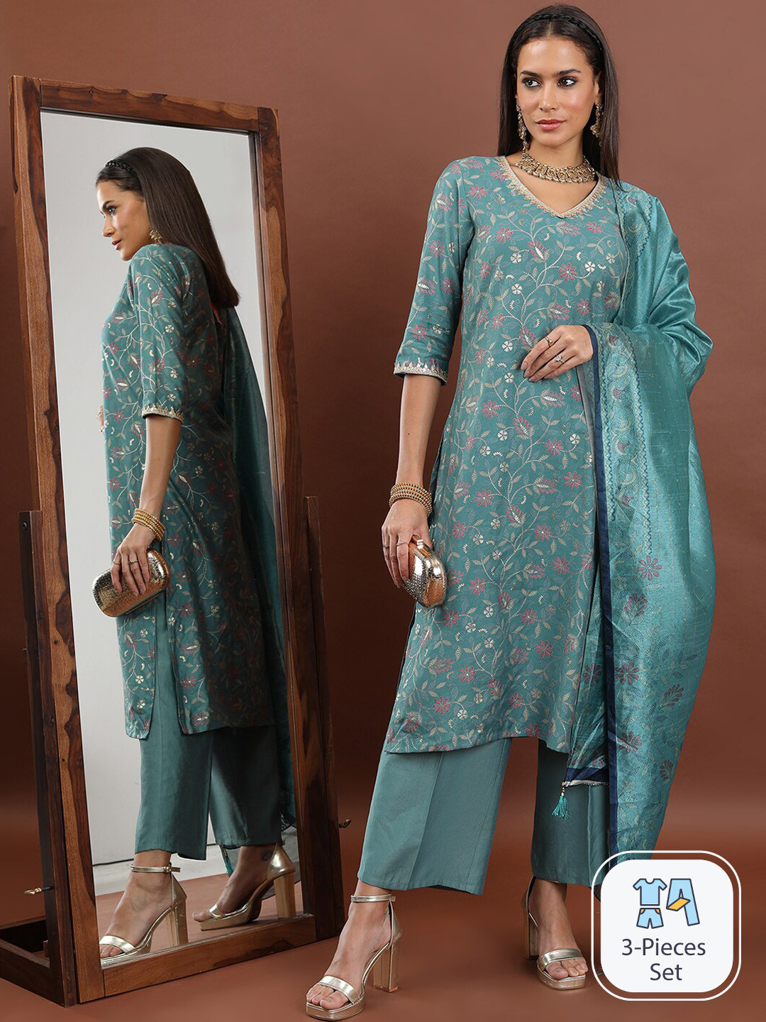 Blue Floral Printed Aari Work Straight Kurta with Trousers & Dupatta
