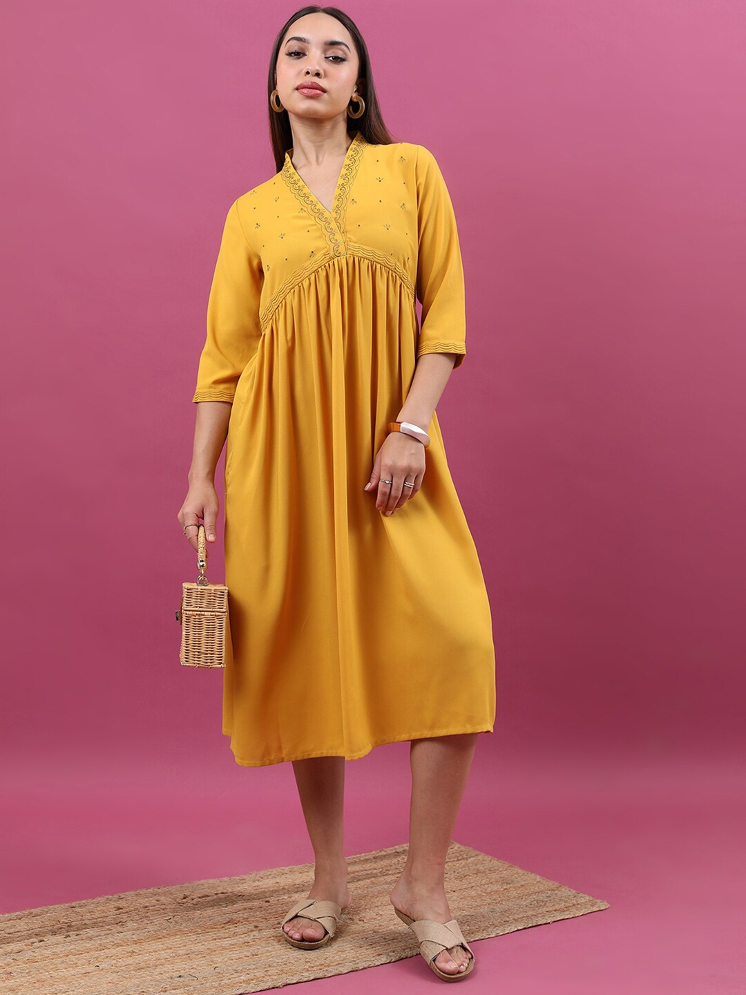 Buy Vishudh Mustard Yellow Floral Embroidered Empire Midi Dress ...