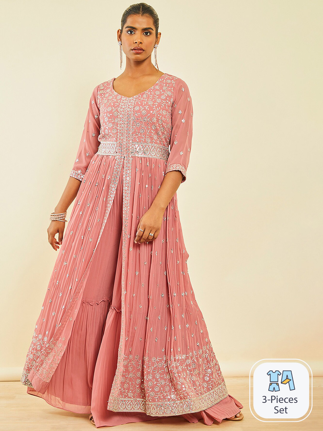 Women Floral Embroidered Regular Sequinned Kurta with Sharara & Dupatta
