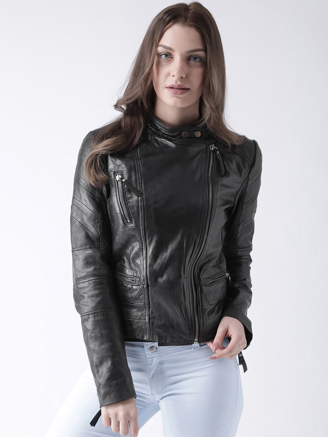 Buy BARESKIN Women Black Solid Lightweight Leather Biker Jacket