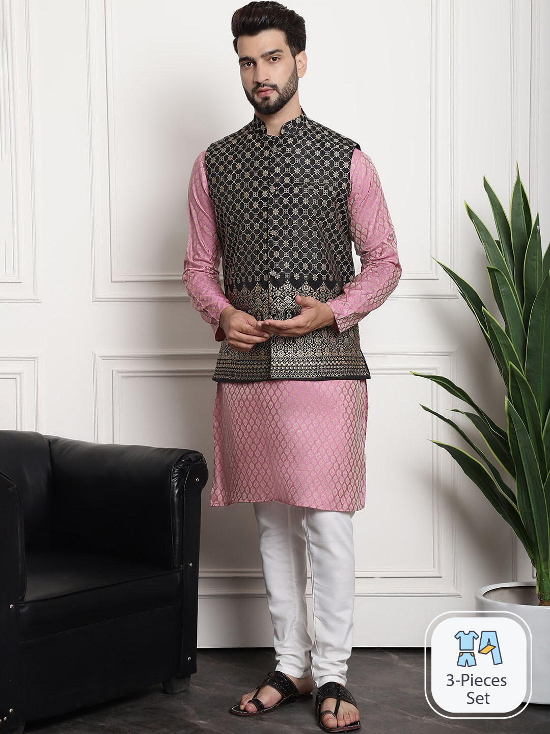 Turquoise Kurta Churidar with Elegant Motif Digital Print Nehru Jacket