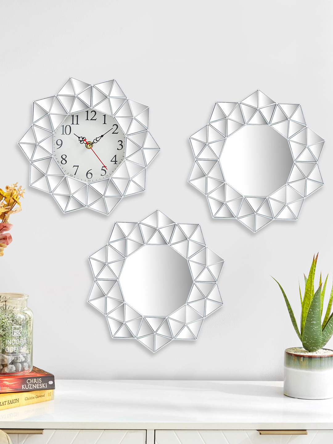 Buy Home Centre Corvus 3 Pieces Grey Decorative Clock & Mirror Set