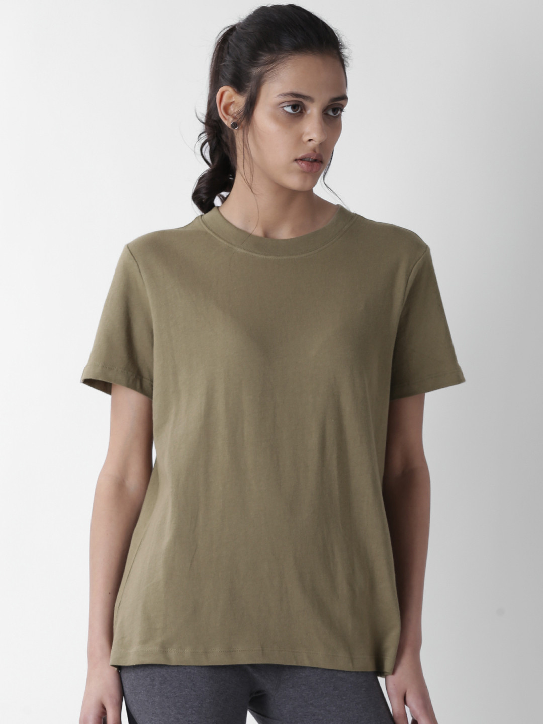 Buy FOREVER 21 Women Olive Green Solid Round Neck T Shirt Tshirts for