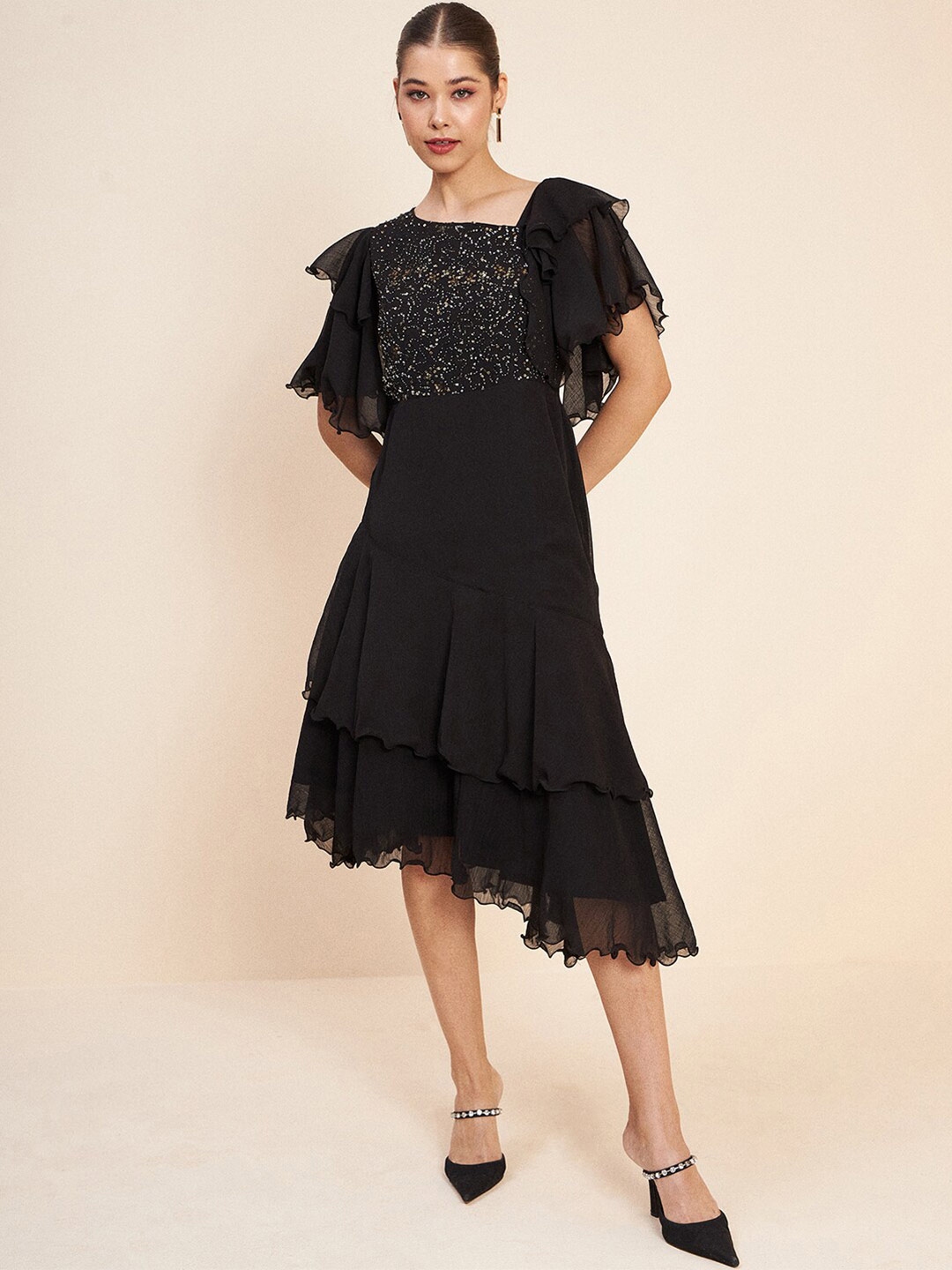 Buy Antheaa Black V Neck Flutter Sleeve Embellished Detail Fit & Flare ...