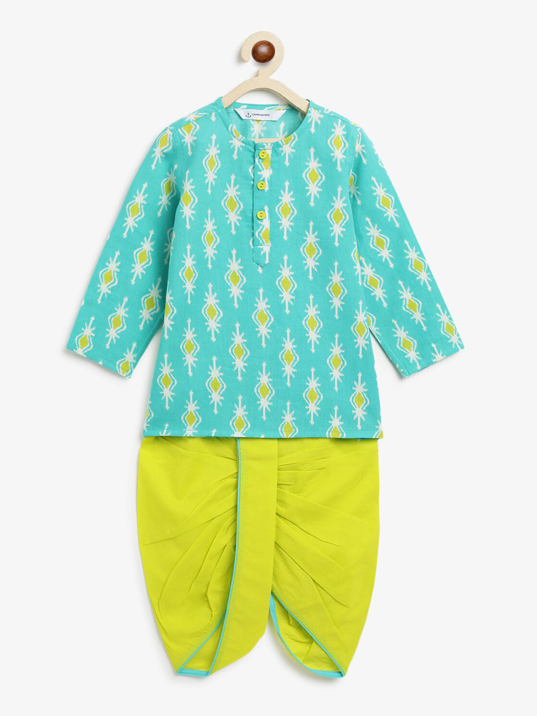 Campana Boys Bansi Dhoti Kurta Set - Pressed Flower Print - Yellow & Turquoise