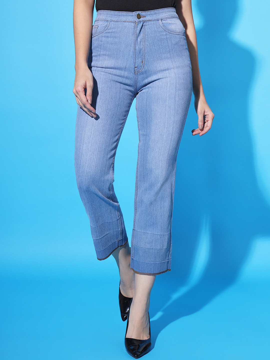 Buy GUTI Women Flared Clean Look Stretchable Cropped Cotton Jeans