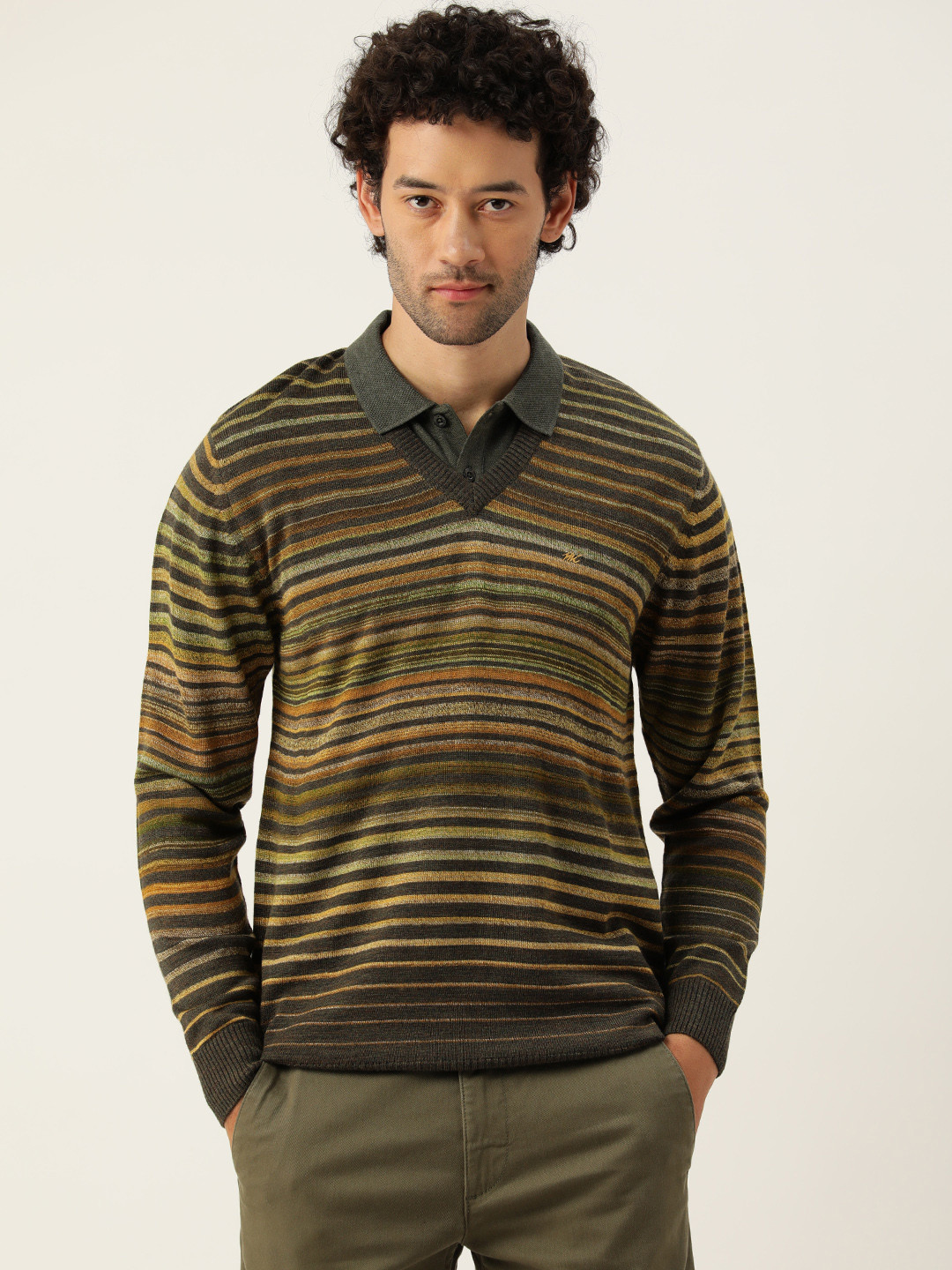 Men's Olive Striped Acrylic Pullover