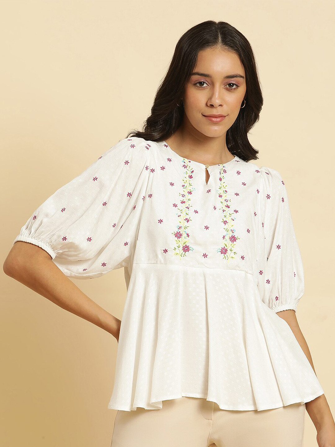A Line Scoop Blue Tulle Floral Embroidered Puff Sleeves Prom Dress LBQ3156